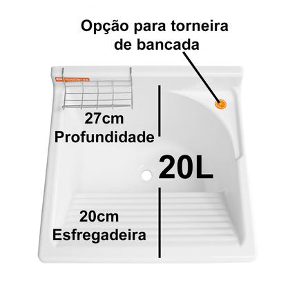 Imagem de Tanque De Lavar Roupa em Fibra 20L Com Gabinete ABS Incluso Torneira de Mesa