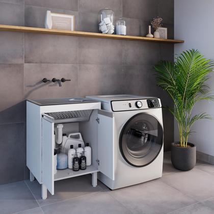 Imagem de Tanque de Lavar Roupa Inox 46 Litros com Gabinete MDF Branco 60cm Entregue Montado
