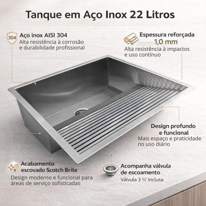 Imagem de Tanque de Lavar Roupas 54x49 cm Em Aço Inox 1,0mm Escovado Grande com Válvula Para Área de Serviço