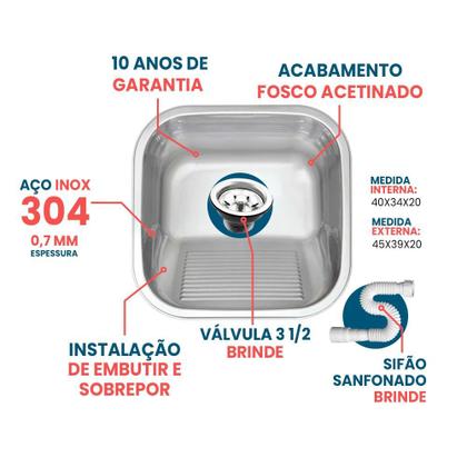 Imagem de Tanque Inox 40x34 Fosco Pequeno 304 - Sobrepor e Embutir + Válvula e Sifão