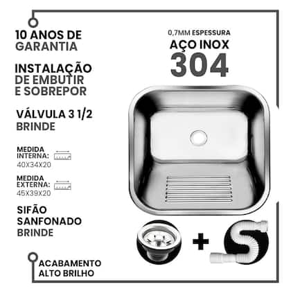 Imagem de Tanque Inox 40x34 - Sobrepor E Embutir + Válvula As inox 304