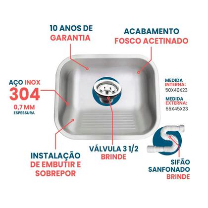 Imagem de Tanque Inox 50X40 Grande 304 fosco- Sobrepor-Embutir + Válvula e Sifão