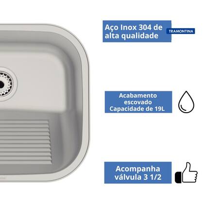 Imagem de Tanque Inox De Encaixe Embutir Lavanderia 40x35cm 19 L Com Válvula E Sifão Tramontina