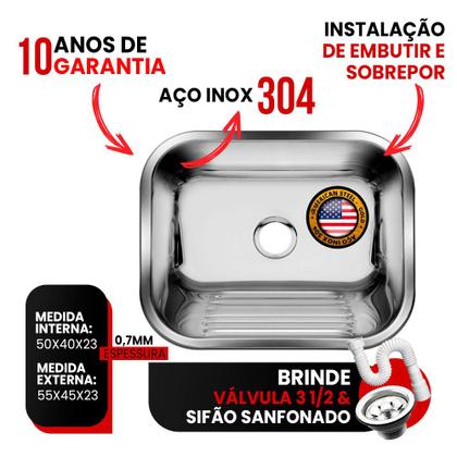 Imagem de Tanque Lavanderia Inox 304 Grande 50x40 Sobrepor Embutir 30l
