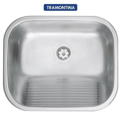 Imagem de Tanque Tramontina  50x40 Hera 34 L  Aço Inox Acetinado + Cuba Tramontina 40x34x14 Cozinha Fosca Número N 0 + válvula e sifão