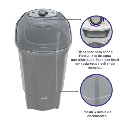 Imagem de Tanquinho lavadora Libell 10 kilos semiautomática com lavagem por turbilhonamento 127V Prata
