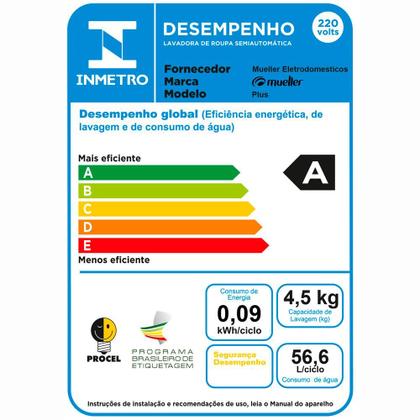 Imagem de Tanquinho/Máquina de lavar roupa Semiautomática Mueller Plus 4.5kg Branca