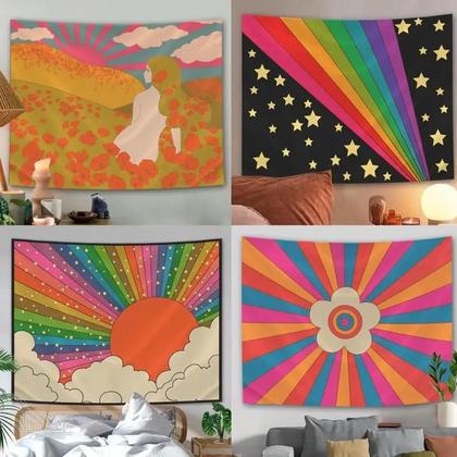 Imagem de Tapeçaria Boho Sol Lua Arco-Íris Para Decoração De Quarto, Cobertura De Cama