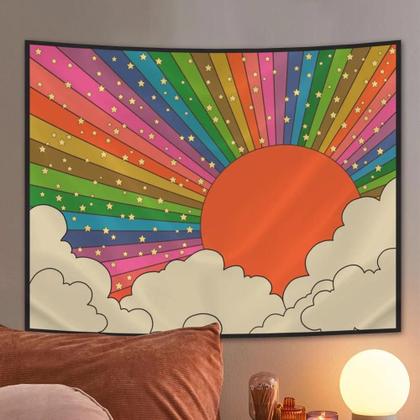Imagem de Tapeçaria Boho Sol Lua Arco-Íris Para Decoração De Quarto, Cobertura De Cama