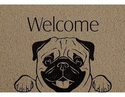 Imagem de Tapete Capacho Vinil Pet 60x40 Welcome Bem Vindo Comprimento 60 Cm Cor Laranja Desenho Do Tecido Pug Largura 40 Cm