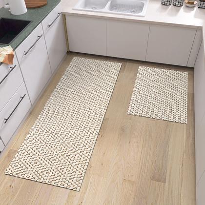Imagem de Tapete Conjunto Cozinha 2 Peças Rústico Artesanal Bordado Alto Relevo Algodão Resistente Passadeira Capacho Bege