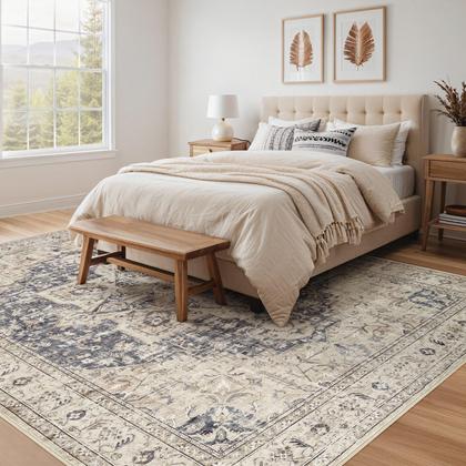 Imagem de Tapete de Área Tortania para Sala de Estar - Tapete Boho Lavável 8x10 Vintage Oriental Desgastado Estilo Fazenda Grande e Fino para Interior Sala, Quarto, Sob Mesa de Jantar e Escritório - Creme Azul