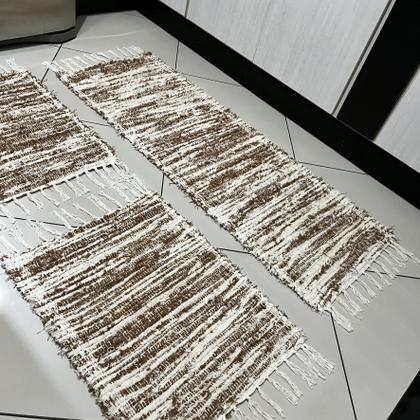 Imagem de Tapete e Passadeiras Cozinha e Casa Felpudo Algodão Rustico Estilo Boho Jogo 03 Peças