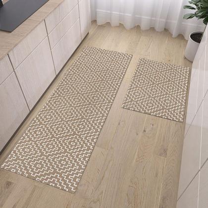 Imagem de Tapete Kit Cozinha 2 Peças Artesanal Bordado em Alto Relevo Algodão Resistente Lavável Estampa Geométrica Marrom