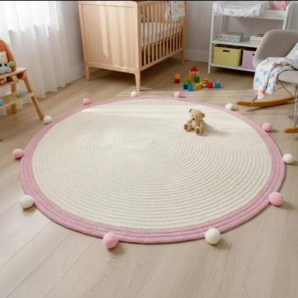 Imagem de Tapete Quarto do Bebe de Crochê Tapete Quarto Menina Rosa Bebe Pompom 1M