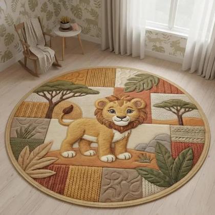 Imagem de Tapete Redondo Antiderrapante De Animais Da Floresta (Leão E Elefante) Para Quarto De Bebê E
