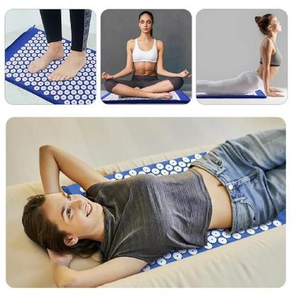 Imagem de Tapete terapeutico acupuntura massagem yoga almofada travesseiro relaxante portatil alivio estresse azul