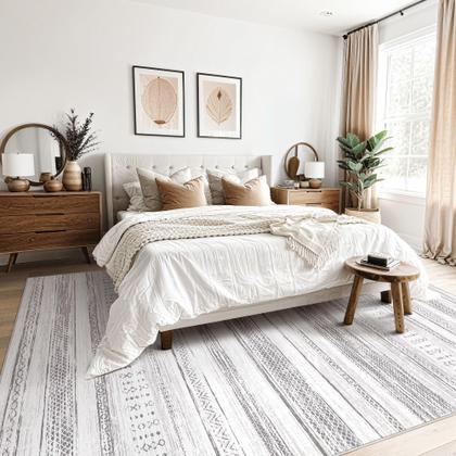 Imagem de Tapete Tortania para Sala de Estar - Tapetes Laváveis Grandes 9x12, Macio, Neutro, Boho Marroquino, Estilo Boêmio e Fazenda, Tapete para Piso Interno, Quarto, Sob Mesa de Jantar, Decoração para Escritório - Cinza Claro