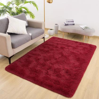 Imagem de Tapete vermelho vinho DETUM Tapetes 4x6 para quarto Tapete fofo de Natal Tapete felpudo de sala de estar macio Tapete peludo grande, lavável e antiderrapante, decoração de casa moderna