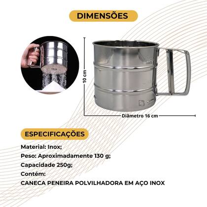 Imagem de Tapioqueira Polvilhador Caneca Peneira Inox Com Gatilho Manual 250g Para Farinha Açucar Chocolate
