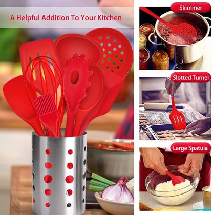 Imagem de TeamFar Kitchen Utensílios Conjunto de 11, Utensílios de cozinha de silicone vermelho espátula conjunto resistente ao calor para panela antiaderente, perfeito para cozinhar mistura de cozimento, saudável &amp não arranhão, lava-louça seguro