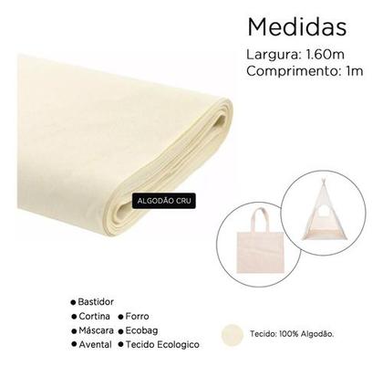 Imagem de Tecido Algodão Cru 1 Metros Com Largura de 1,60 Cor Bege  Vestido, bolsa ou Roupas, Mascara, Camisa, Camisetas