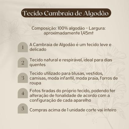 Imagem de Tecido Cambraia De Algodão Pele De Ovo Cores 1mt X 1,40mt