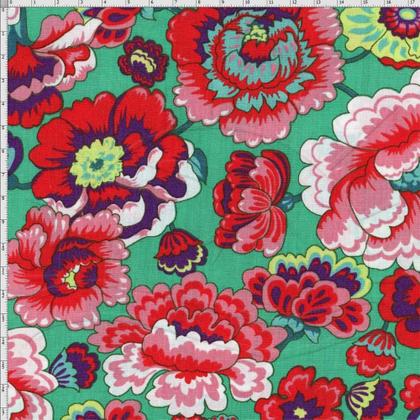 Imagem de Tecido Estampado para Patchwork - Modern Oriental: Floral Fundo Verde (0,50x1,40)