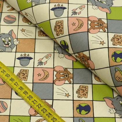 Imagem de Tecido Estampado para Patchwork - Warner Bros: Tom e Jerry Quadriculado Fundo Bege Claro (0,50x1,40)