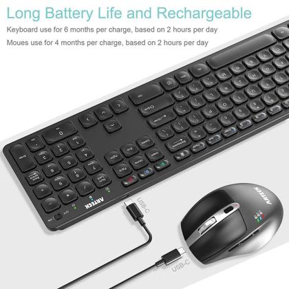 Imagem de Teclado e mouse Bluetooth universal para vários dispositivos Arteck, teclado Bluetooth sem fio de tamanho completo e conjunto de mouse ergonômico para Windows, iOS, Android, computador, desktop, laptop, iPad, tablet, smartphone