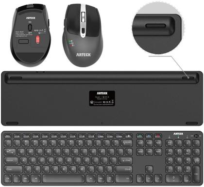Imagem de Teclado e mouse Bluetooth universal para vários dispositivos Arteck, teclado Bluetooth sem fio de tamanho completo e conjunto de mouse ergonômico para Windows, iOS, Android, computador, desktop, laptop, iPad, tablet, smartphone