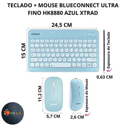 Imagem de Teclado e mouse kit bluetooth sem fio ultra fino hk8880 azul xtrad