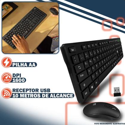 Imagem de Teclado e Mouse Sem Fio Wireless 2.4 GHz Ergonômico ABNT2 para PC e Notebook Home Office