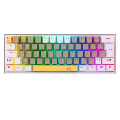 Imagem de Teclado Mecânico Gamer Redragon Fizz, RGB, Switch Brown, Layout 60%, USB, ABNT2, Amarelo, Cinza e Branco - K617RGB-YLEGYEWT (PT-BROWN)
