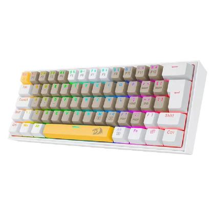 Imagem de Teclado Mecânico Gamer Redragon Fizz, RGB, Switch Brown, Layout 60%, USB, ABNT2, Amarelo, Cinza e Branco - K617RGB-YLEGYEWT (PT-BROWN)