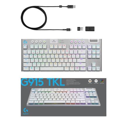 Imagem de Teclado Mecânico Gamer Sem Fio Logitech G915 TKL RGB LIGHTSYNC, USB ou Bluetooth, Ultrafino, Switch GL Tactile, Branco - 920-009660