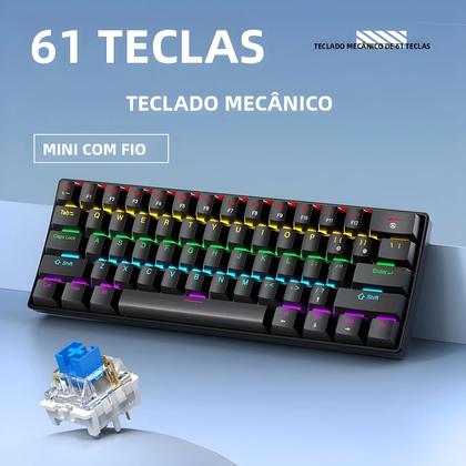 Imagem de Teclado Mecânico Mini Com Fio 60% RGB 61 Teclas Interruptor Vermelho Azul Ergonômico Portátil Para