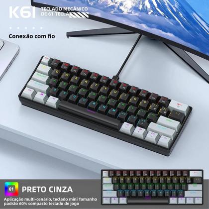 Imagem de Teclado Mecânico Mini Com Fio 60% RGB 61 Teclas Interruptor Vermelho Azul Ergonômico Portátil Para