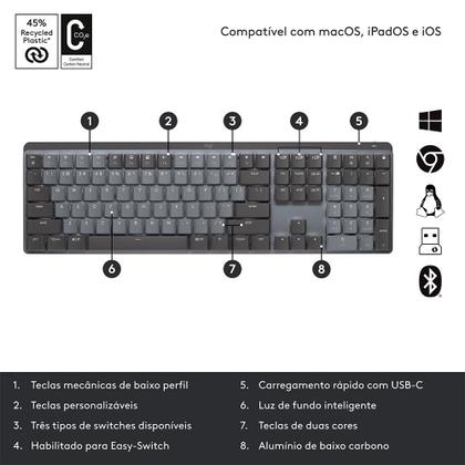 Imagem de Teclado Mecânico Sem Fio Logitech MX Mechanical, Iluminação, Switch Tactile Quiet, Bluetooth, USB, Preto - 920-010760