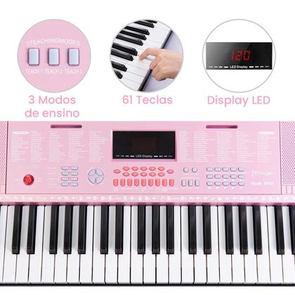 Imagem de Teclado Piano Musical 61 Teclas Sensitivas Rosa P2 E Músicas