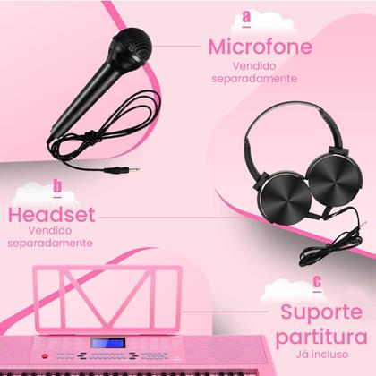 Imagem de Teclado Piano Musical 61 Teclas Sensitivas Rosa P2 E Músicas