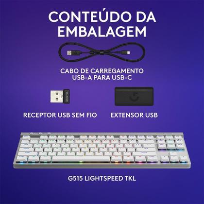 Imagem de Teclado Sem Fio Mecânico Gamer Logitech G515, RGB, Bluetooth, com Design TKL,Tecnologia Lightspeed, Branco - 920-012535