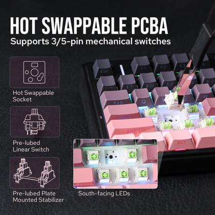 Teclado sem fio para jogos EPOMAKER X AULA F75 75% preto rosa