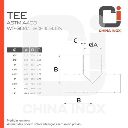 Imagem de Tee astm a403 wp-304/l sch 10s. dn 1.1/2''