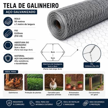 Imagem de Tela Galvanizada Hexagonal Fio 23 Rolo 50m X 1m