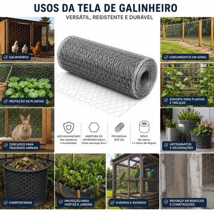 Imagem de Tela Galvanizada Hexagonal Fio 23 Rolo 50m X 1m