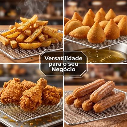 Imagem de Tela Para Escorredor Fritura Inox 30x40x6cm Batata Frita Salgados Pastel Coxinha Kibe Risolis