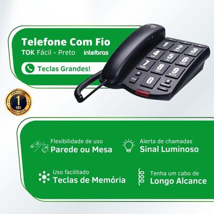 Imagem de Telefone fixo com Fio teclas grandes Tok Fácil Intelbras - Preto