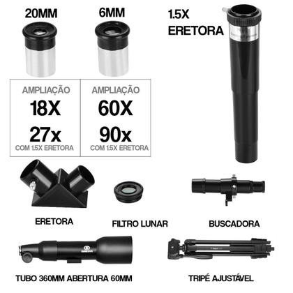 Imagem de Telescopio Astronomico Greika Adulto e Criança 60mm F360 com Tripé Ajustável