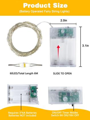 Imagem de Temporizador String Lights BOSSERN, pacote com 6, 20 pés e 60 LED, branco quente